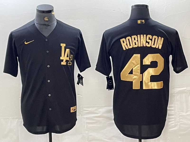 Men%27s Los Angeles Dodgers #42 Jackie Robinson Black Gold Cool Base Stitched Jersey